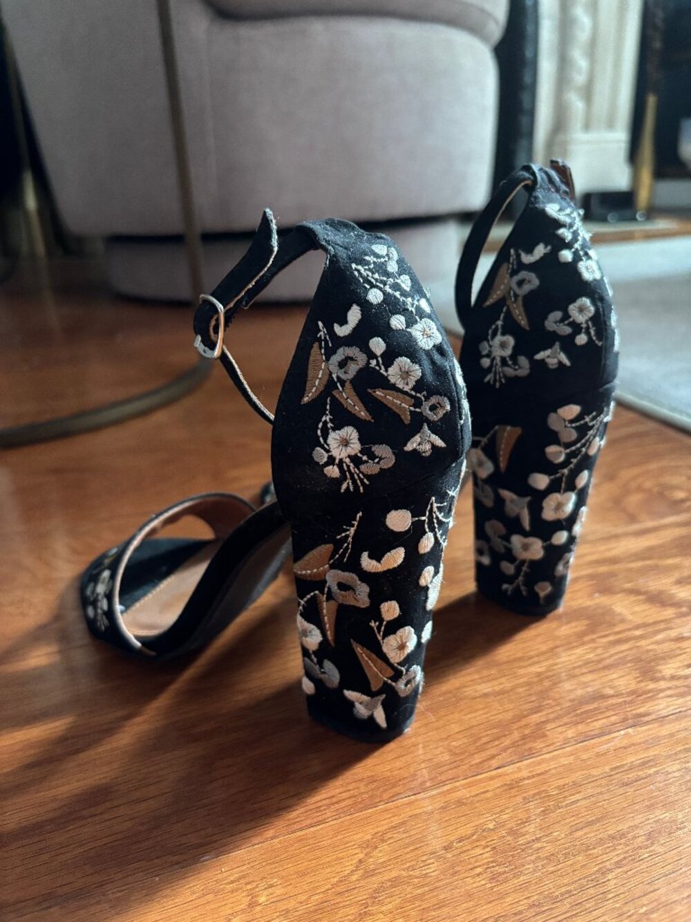 Suede Floral Embroidered Block Heeled Sandals